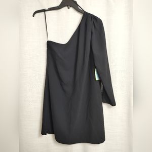 Cece Long Sleeve One-Shoulder Black Lined Polyester Sheath Dress-Size: 8